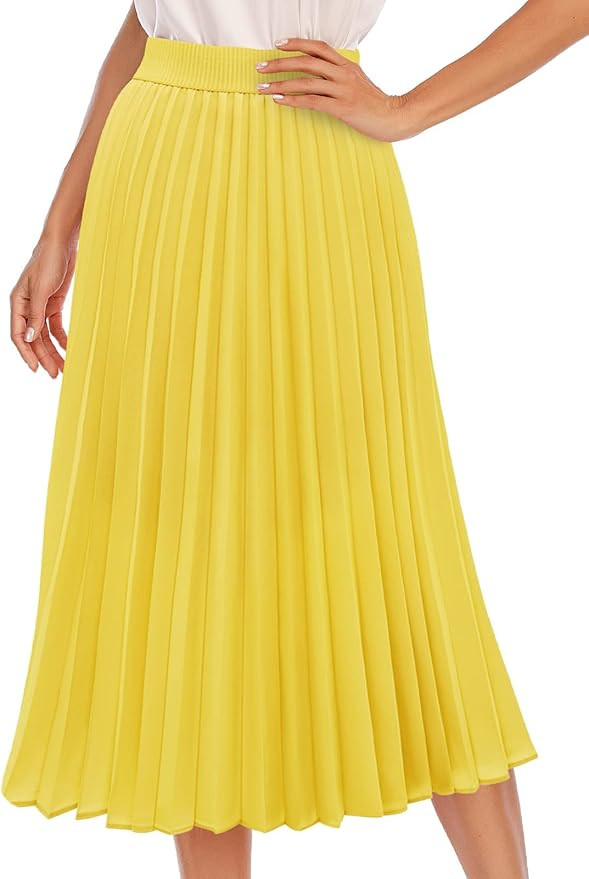 DRESSTELLS Pleated Midi Skirts for Women, Aline Long High Elastic Waisted Summer Flowy Chiffon Sw... | Amazon (US)