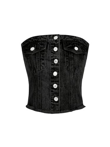 Verdusa Women's Button Front Raw Hem Sleeveless Denim Top Strapless Crop Tube Top Black X-Small | Amazon (US)