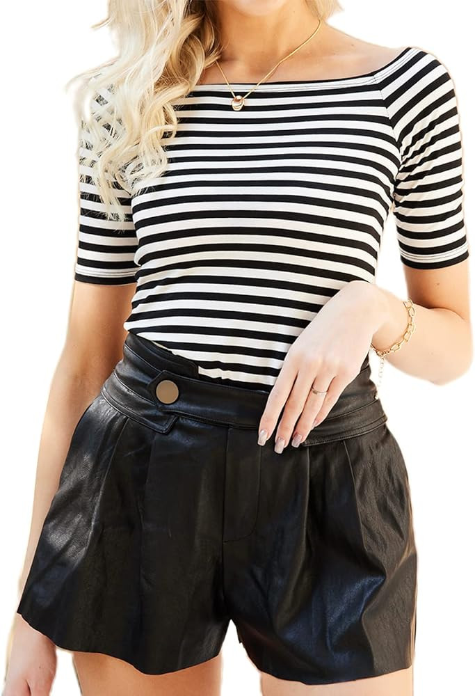 LilyCoco Women's Short Sleeve Vogue Fitted Off Shoulder Shirt Modal Top T-Shirt | Amazon (US)