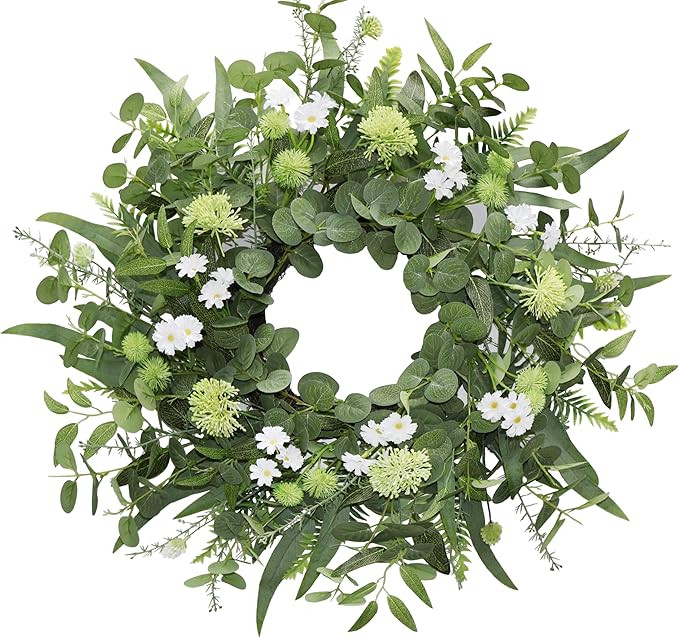 22"-24" Green Eucalyptus Wreaths for Front Door with White Flowers – Lifelike Spring, Summer, a... | Amazon (US)