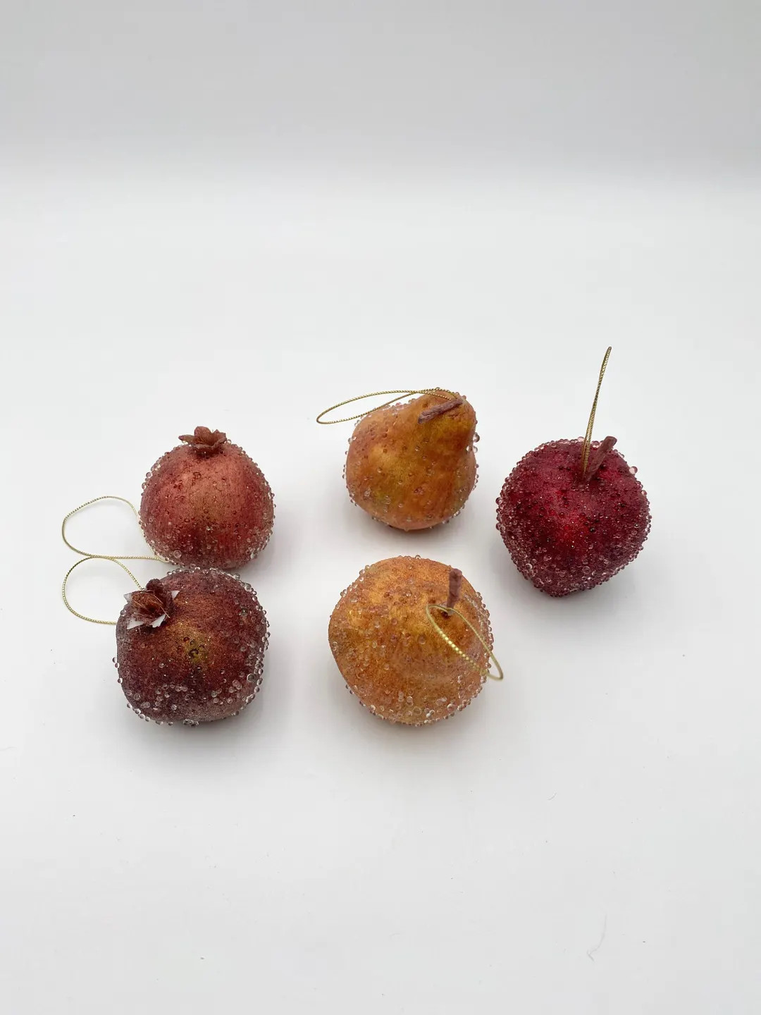 Faux Sugared Fruit Ornaments Apple, Pears, and Pomegranates Set of 5 - Etsy | Etsy (US)