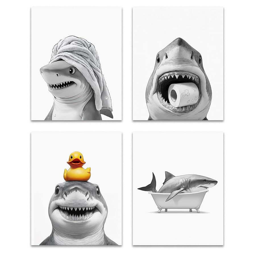 OFJE Funny Shark Bathroom Wall Art Decor Prints Set of 4, Wild Animal Shark Posters Pictures Wall... | Amazon (US)