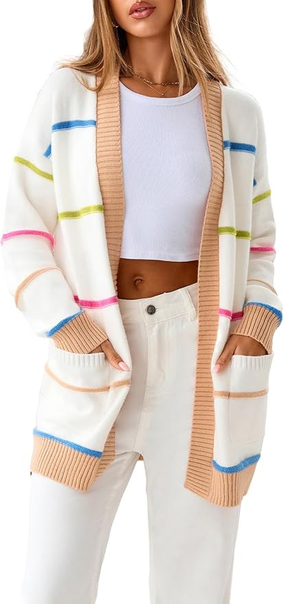 Sidefeel Cardigan Sweaters for Women Lightweight Striped 2025 Long Sleeve Open Front Loose Knit S... | Amazon (US)