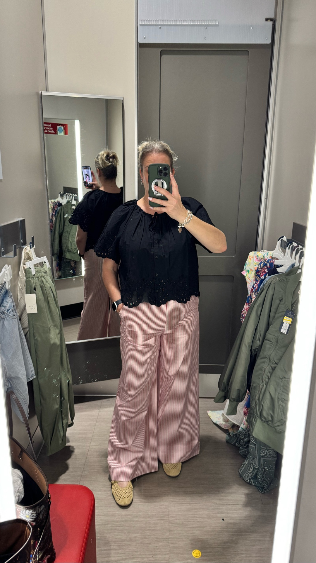 These faux linen pants were SO comfy!  Couldn’t find these red striped ones online—but it comes in three other colors.  Def getting the white version.  This eyelet top was super cute as well!  Wearing a size L in top and 10 in pants 

🔎 Spring looks, linen pants, summer weight pants, eyelet top, summer outfits, spring outfits, date night fit, outfit of the day, styled with bags

#LTKmomlife #LTKOver40 #LTKMidsize