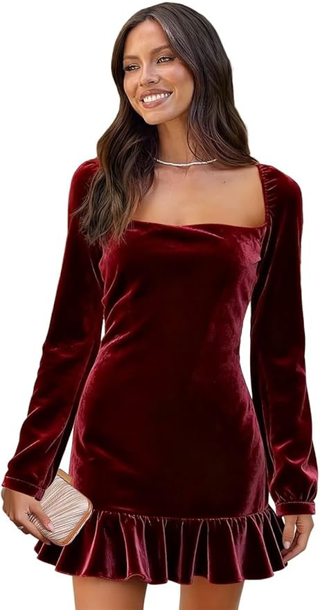 Women's Long Sleeves Homecoming Dress with Ruffles Velvet Ruched Formal Cocktail Gowns YY005 | Amazon (US)