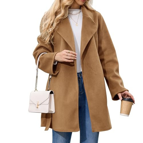 BEINF Women's Wool Blend Coat with Pockets Mid-Long Winter Overcoat, Thick Wool & Pea Coats jacket with Belt | Amazon (US)