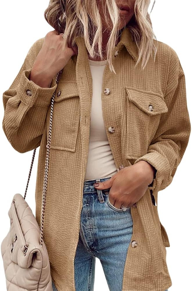 Cnkwei Womens Corduroy Button Down Shacket Casual Long Sleeve Chest Pocketed Shirt Jacket | Amazon (US)