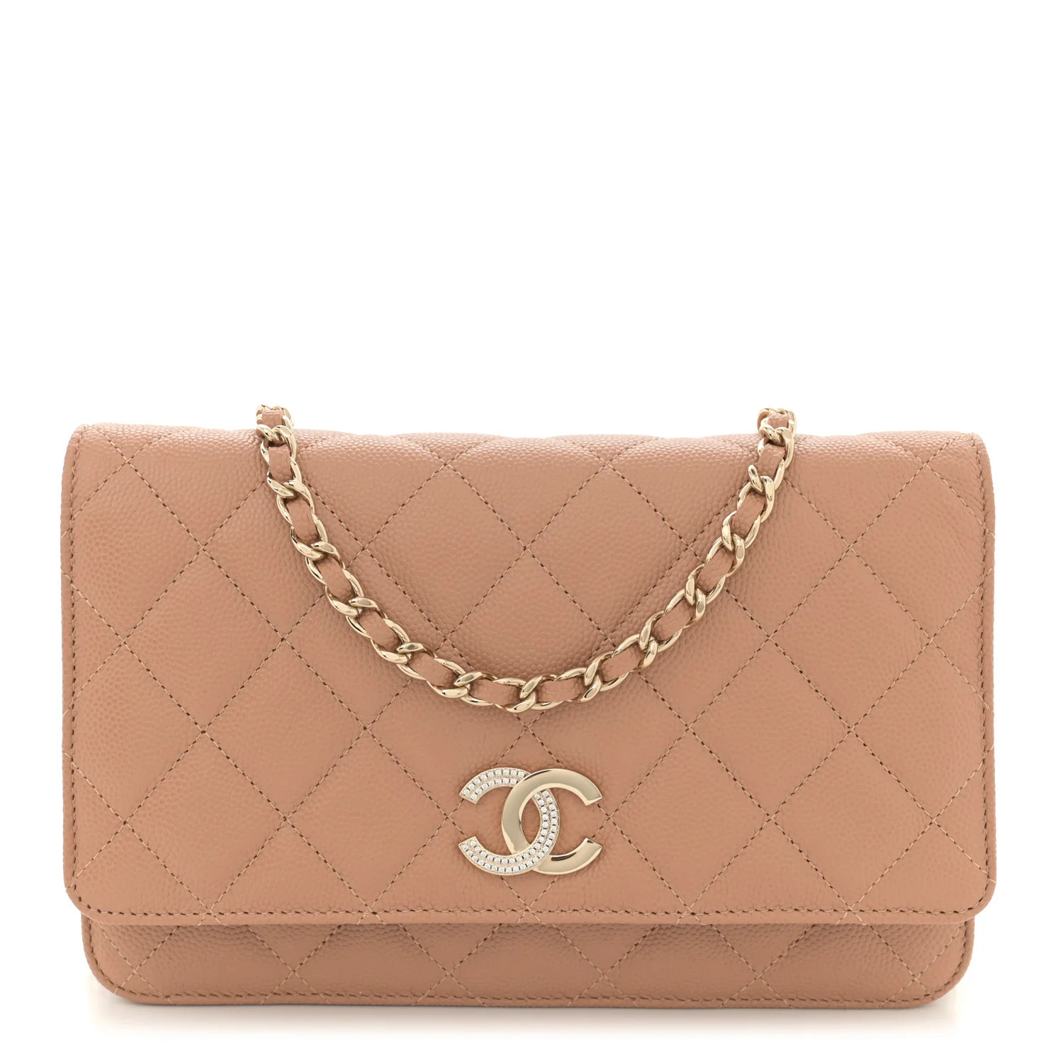 Caviar Quilted Crystal CC Wallet On Chain WOC Beige | FASHIONPHILE (US)