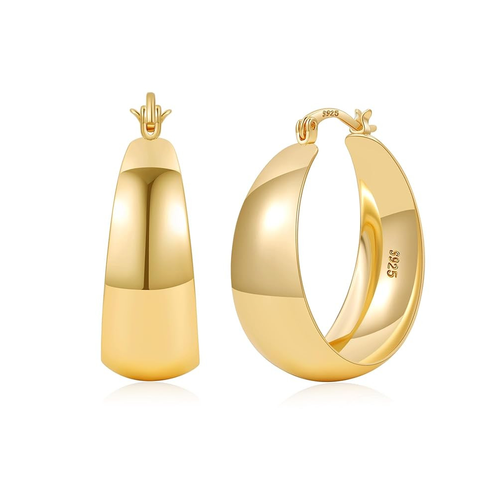 EXGOX Gold Hoop Earrings for Women Sterling Silver Post Hoops Earrings for Women Wide Thick Silve... | Amazon (US)