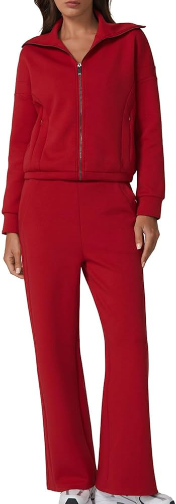 QINSEN Women's Cotton 2 Piece Outfits Lapel Long Sleeve Zip Up Sweatshirt Wide Leg Pants Matching... | Amazon (US)