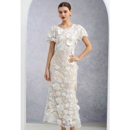 3D Floral Applique Mesh Tulle Mermaid Maxi Dress in White | Chicwish