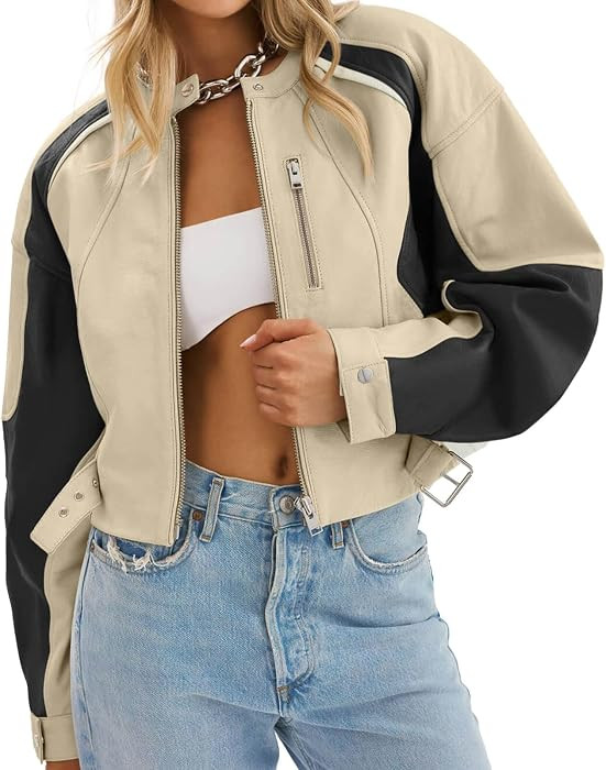 Tankaneo Womens Faux Leather Bomber Jackets Cropped Fall Moto Biker Coats | Amazon (US)
