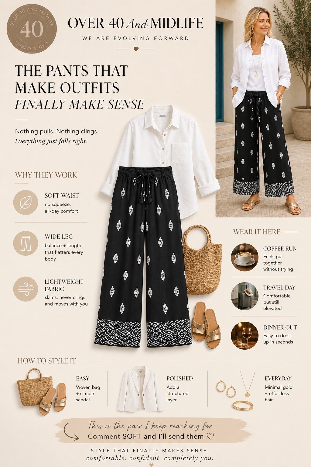 ✨Tap the bell, save and ❤️ for over 40 fashion, midlife style, midsize fashion and luxury looks for less. 

⬇️Sizing information:
Large (size up if in between sizes.)

my closet.

If your outfits have been feeling off lately…
it’s usually not the top.

👉 It’s the pants.

Most cling.
Most add bulk.
Most throw everything out of balance.

These do the opposite.

They don’t pull.
They don’t cling.
They just skim—and everything falls into place.

✨ Soft waistband (no squeezing)
✨ Wide leg (instant balance + length)
✨ Lightweight (moves with you, not against you)

And once you put them on… you feel it.

👑"Helping you look good, feel good!" - Lindsey Denver