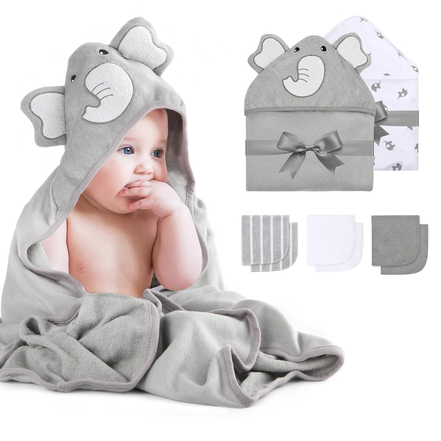 Momcozy Cute Elephant Hooded Baby Towel- 8 Piece Bath Essential, 2 x Towels and 6 x Wash Cloth Se... | Amazon (US)
