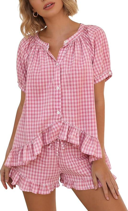 Kissonic Women Gingham 2 Piece Pajama Sets Cotton Pj Short Sleeve Rluffle Babydoll Shirt Shorts S... | Amazon (US)