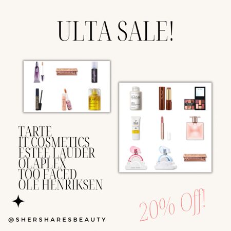 Ulta Sale 20% off featuring lots of brands: Lancome, Urban Decay, Tarte, It Cosmetics, Olaplex and more! 

#LTKsalealert #LTKbeauty