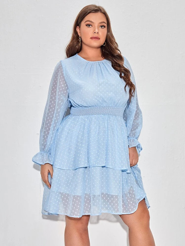 SHEIN Plus Swiss Dot Flounce Sleeve Two Layer Hem Chiffon Dress | SHEIN
