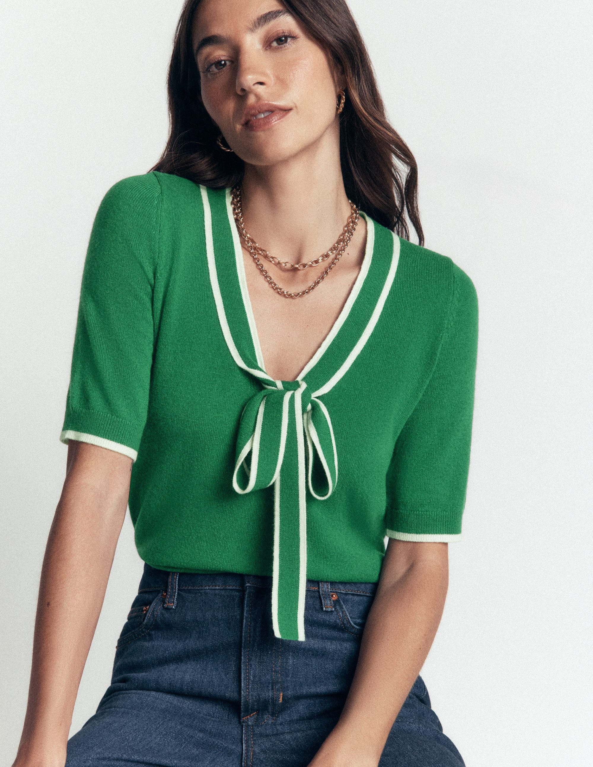 Bow Neck Knitted T-shirt-Fresh Green | Boden (US)