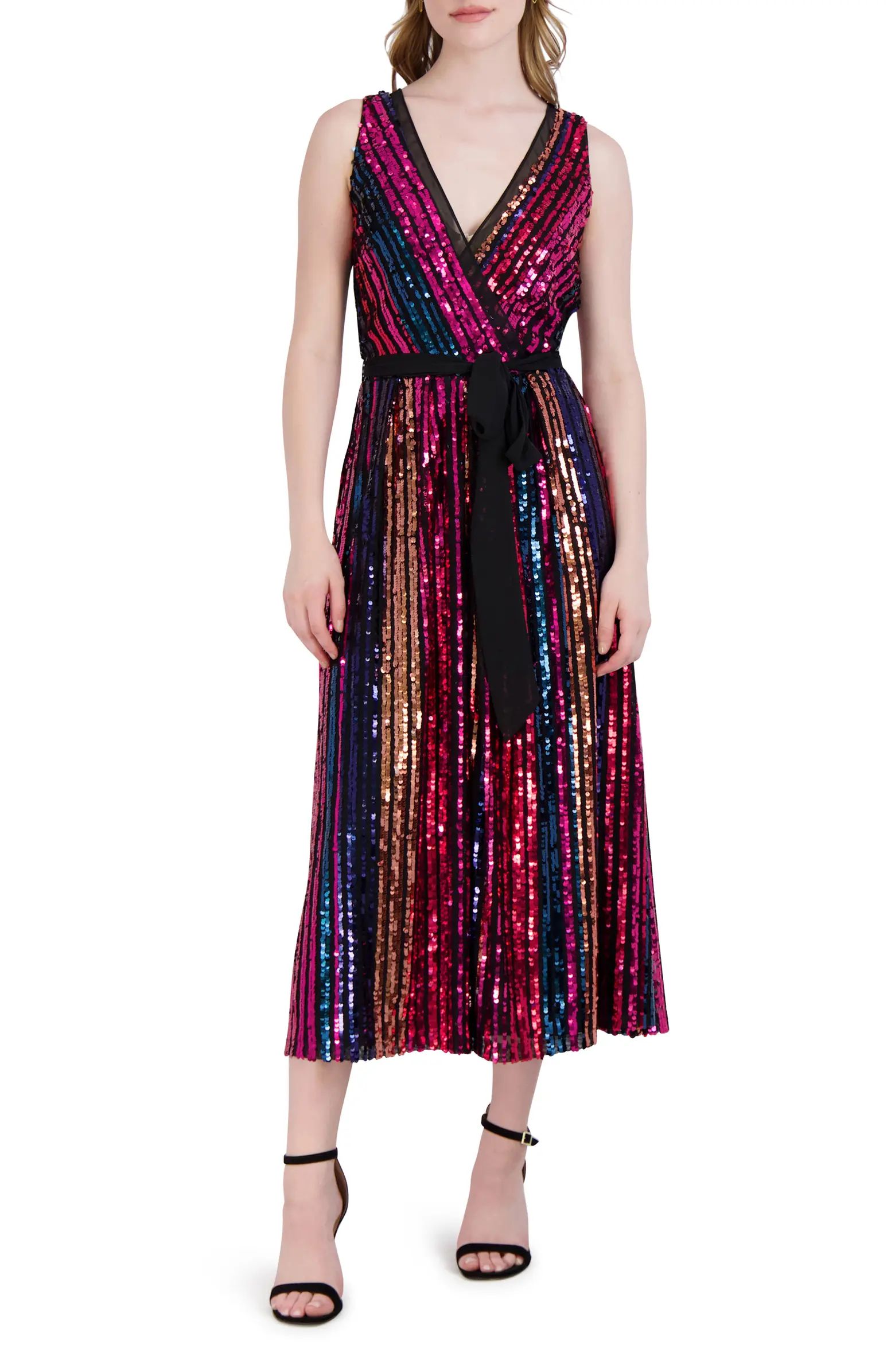 Julia Jordan Rainbow Sequin Stripe Fit & Flare Cocktail Dress | Nordstrom | Nordstrom