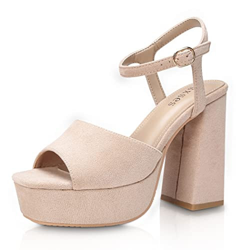 rsxses Nude Platform Heels for Women Nude Chunky Heels Dress Sandals Strappy Open Toe Ankle Strap Sexy Prom Wedding Evening Party Pumps Shoes,Suede Size 10.5 | Amazon (US)