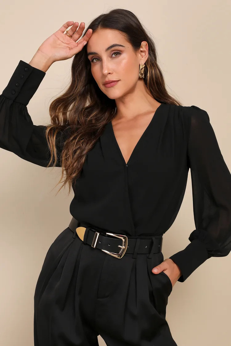 Sophisticated Aspect Black Chiffon Surplice Long Sleeve Bodysuit | Lulus