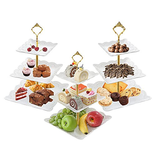 3Pcs White Square 3 Tiered Cake Stands, 3 Tier Serving Tray Cupcake Holder Dessert Stand Fruit Candy Display Table Decorations for Home Party Birthday Tea Party Baby Shower | Amazon (US)