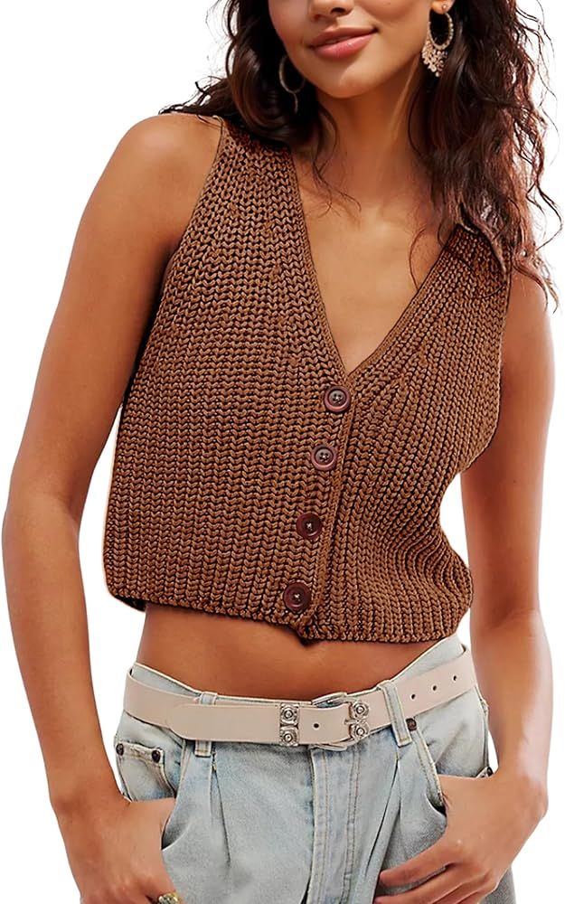 SKIKYAN Womens Casual Knit Sweater Vest Button Down Sleeveless Crochet Crop Short Cardigans | Amazon (US)