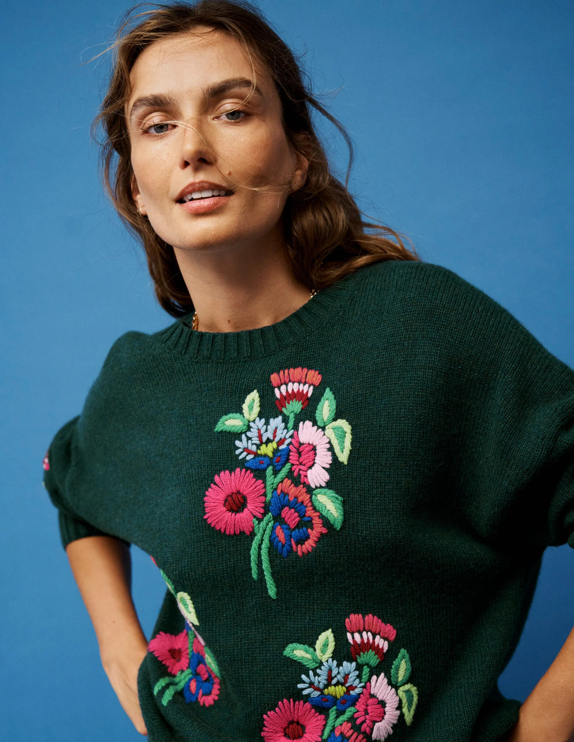 Natalie Embroidered Sweater-Emerald Night Bouquet | Boden (US)