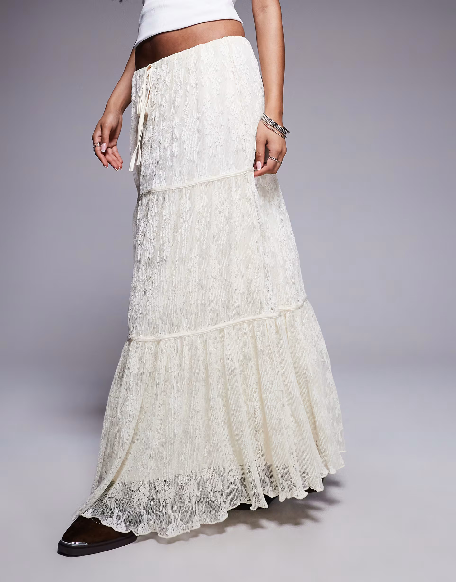 Princess Polly Oh Plisse floral lace tiered maxi skirt in off white | ASOS (Global)
