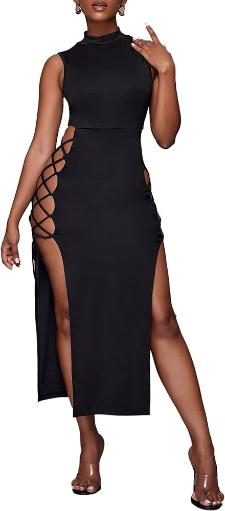 LYANER Women's Mock Neck Cut Out Side Lace Up Sleeveless Bodycon Maxi Tank Dress | Amazon (US)