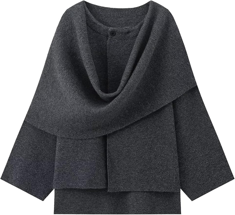 Wyeysyt Women's Crop Knit Scarf Coat High Low Long Sleeves Knit Cardigan with Undetachable Scarf | Amazon (US)