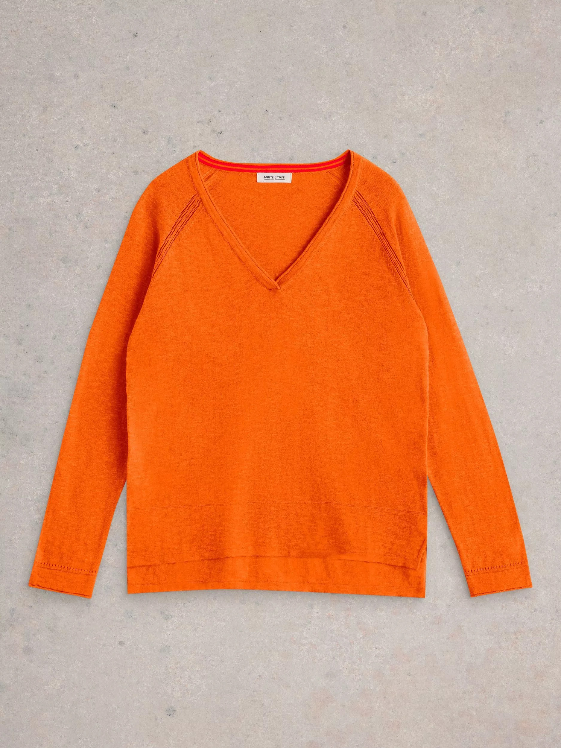 White Stuff Naria Organic Cotton Linen V-Neck Jumper, Mid Orange | John Lewis (UK)
