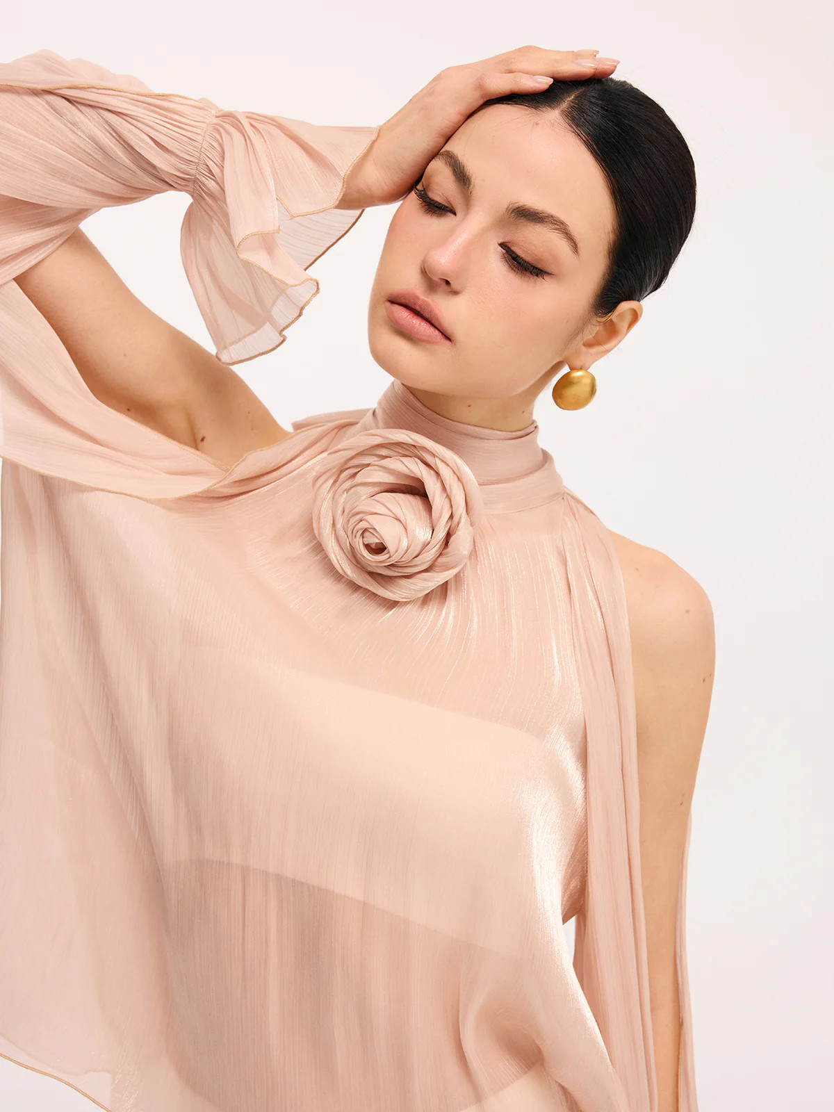 3D Rose Halter Neck Bell Sleeve Sheer Blouse | Commense