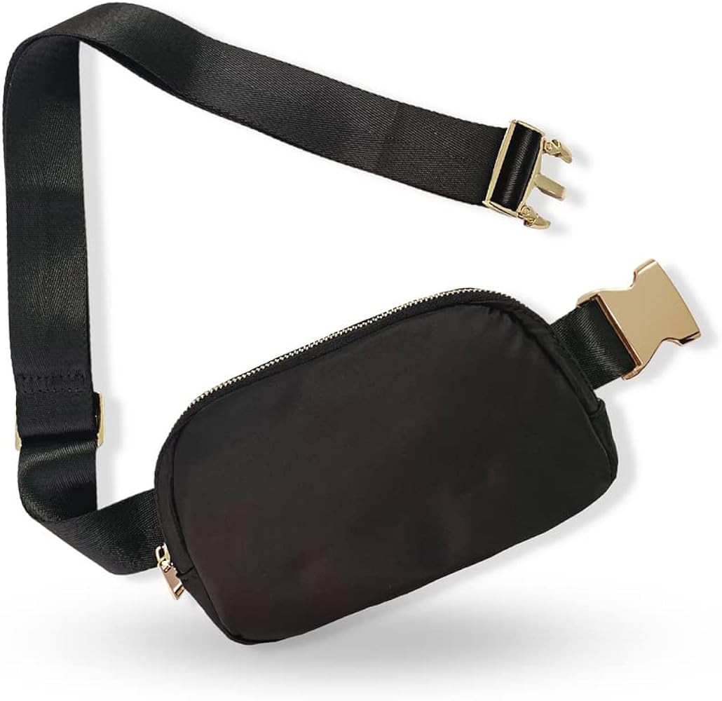 Boutique Belt Bag | Crossbody Bag Fanny Pack for Women Fashionable | Cute Mini Everywhere Bum Hip Waist Pack | Small Fashion Travel Chest Bag | Gold Accessories | Adjustable Extended Strap | Black | Amazon (US)