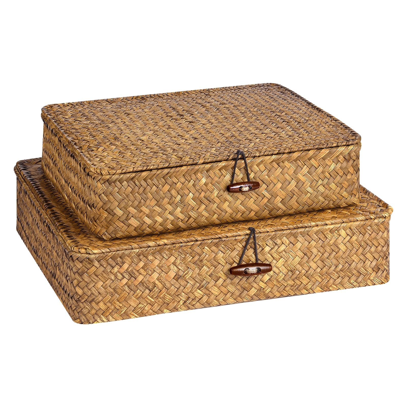 Set of 2 Flat Seagrass Storage Bins with Lid Wicker Storage Baskets for Organizing, Woven Shelf O... | Amazon (US)
