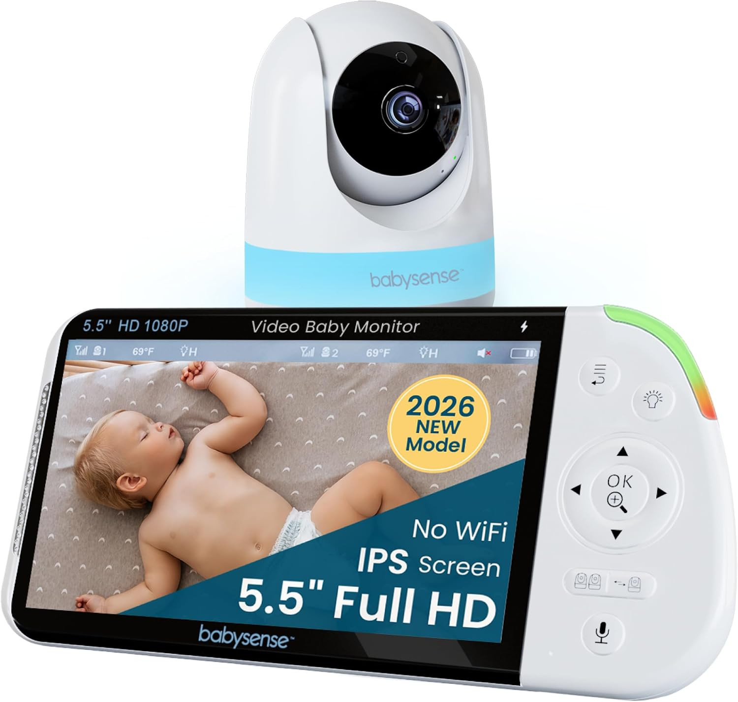 Babysense PRO Non-WiFi Full HD 5.5" Split Screen Baby Monitor with Camera and Audio, 6-Color Night Light, White Noise, Sound & Light Machine, 20-Hour Battery, Hack-Proof Secure Connection | Amazon (US)