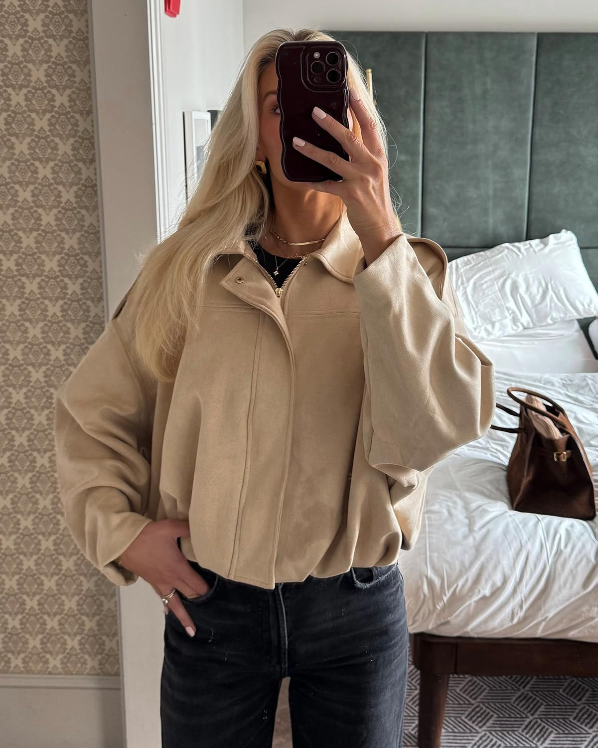 Talakeno Womens Faux Suede Bomber Jacket Casual Lightweight Batwing Long Sleeve Oversized Coat Streetwear Outfits | Amazon (US)