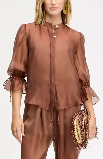 Semi Sheer Button-Up Tie Cuff Top | Nordstrom