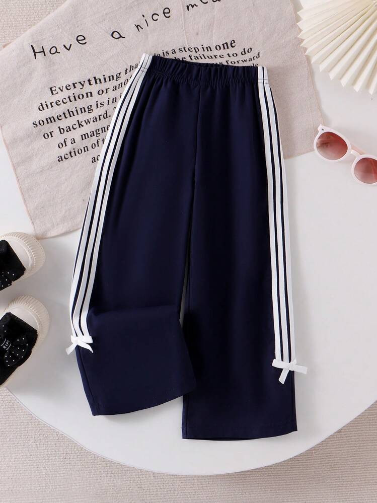 SHEIN Girls' Casual Comfortable Sports Pants With 3D Bow Striped Design, Fashionable Navy Blue Ve... | SHEIN