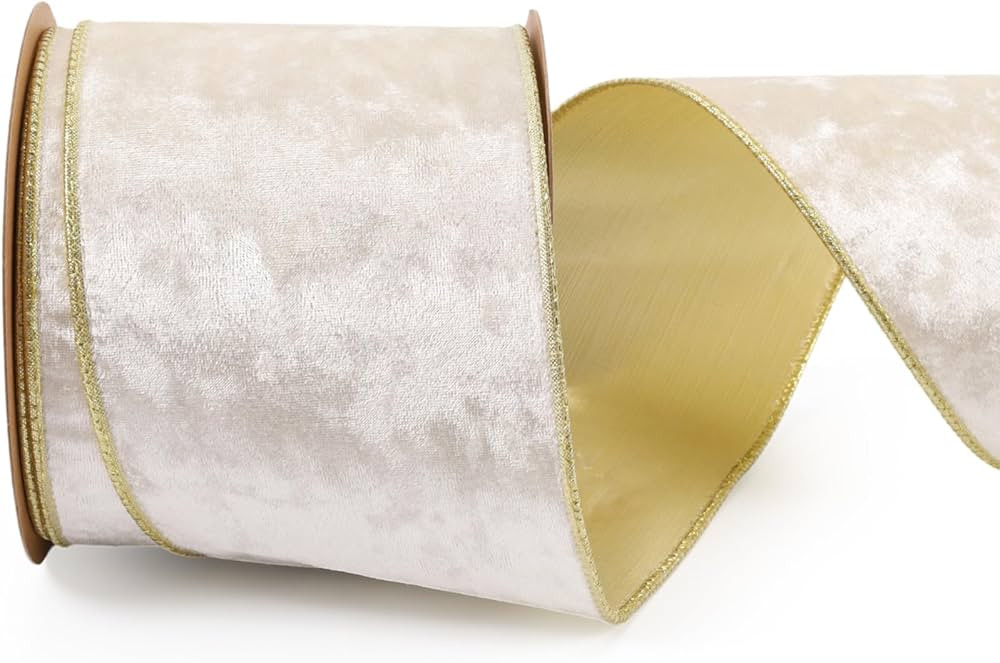 LaRibbons Ivory and Gold Velvet Ribbon Wired, 10 Yards 4 Inch Wide Double Faced Velvet Ribbon for... | Amazon (US)