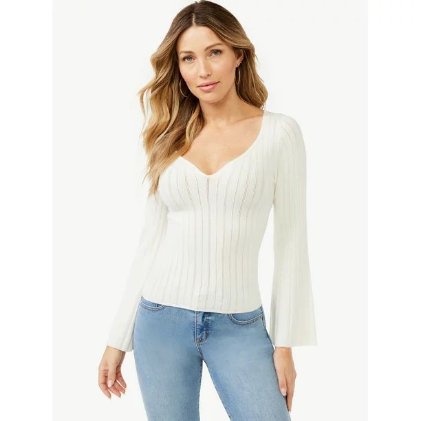 Sofia Jeans by Sofia Vergara Women's Sheer Sweetheart Neck Sweater with Notched Stripes | Walmart (US)
