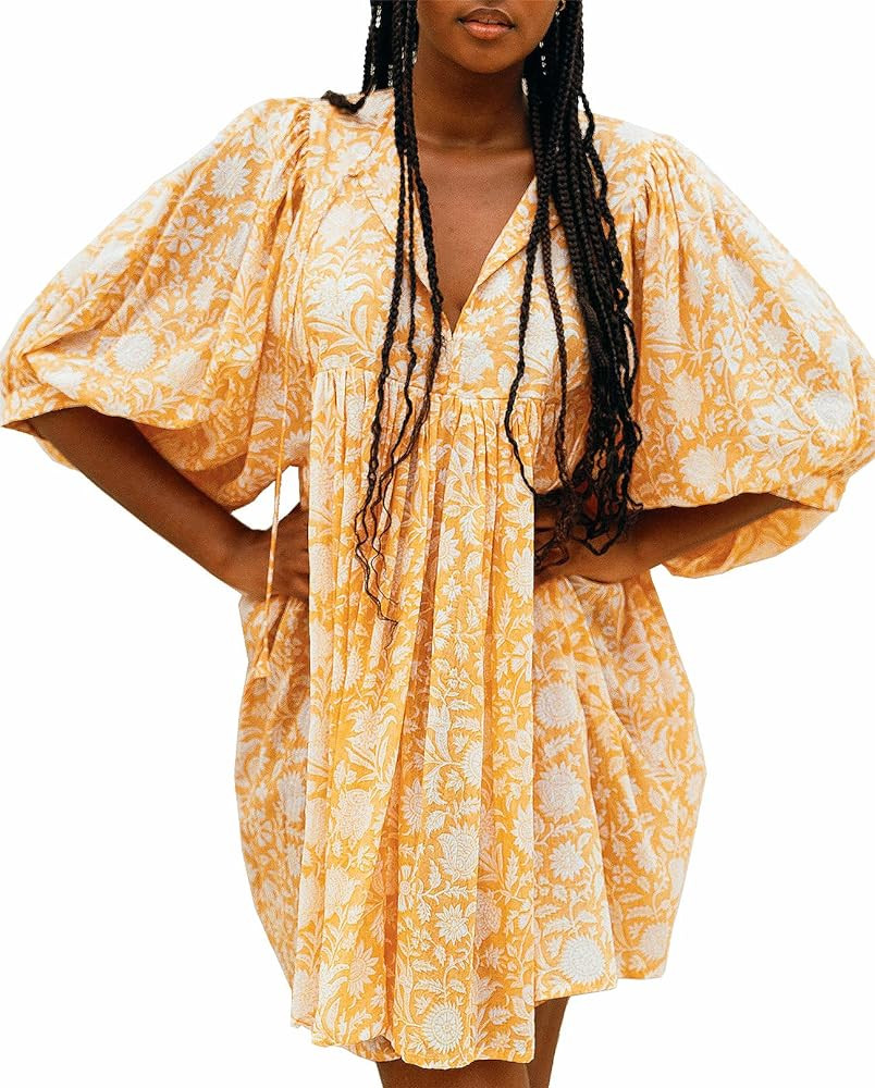 Womens Summer Dresses Casual Boho Floral Babydoll Balloon Sleeve Half Open Tether Flowy Short Bea... | Amazon (US)