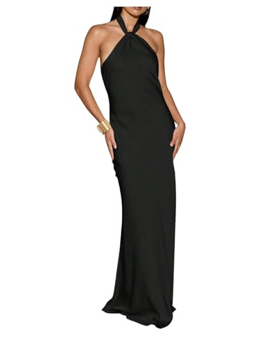 OYOANGLE Women's Satin Halter Maxi Dress Cocktail Wedding Guest Dress | Amazon (US)