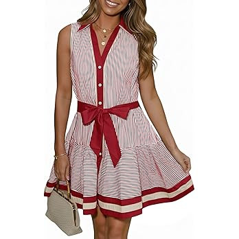 Wenrine Womens Summer Button Down Shirt Dresses Sleeveless Collared V Neck Striped Tie Waist Mini... | Amazon (US)