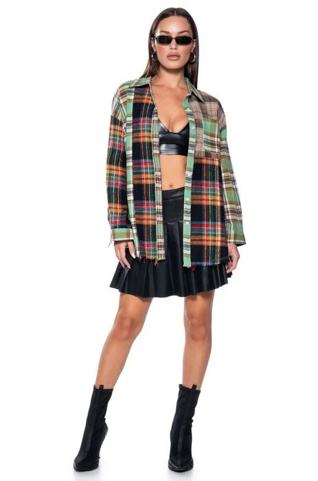 PIECE IT TOGETHER PATCHWORK PLAID BUTTON DOWN in green multi | AKIRA