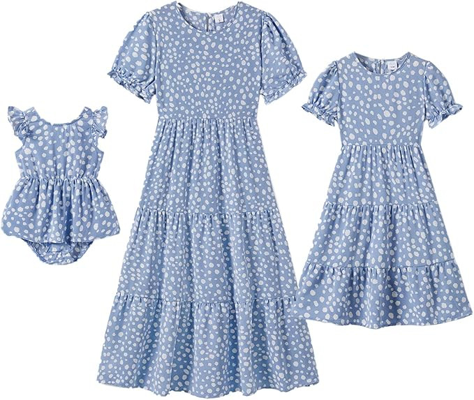 IFFEI Mommy and Me Dresses Summer Casual Boho Matching Outfits Ruffle Puff Sleeve High Waist Midi... | Amazon (US)