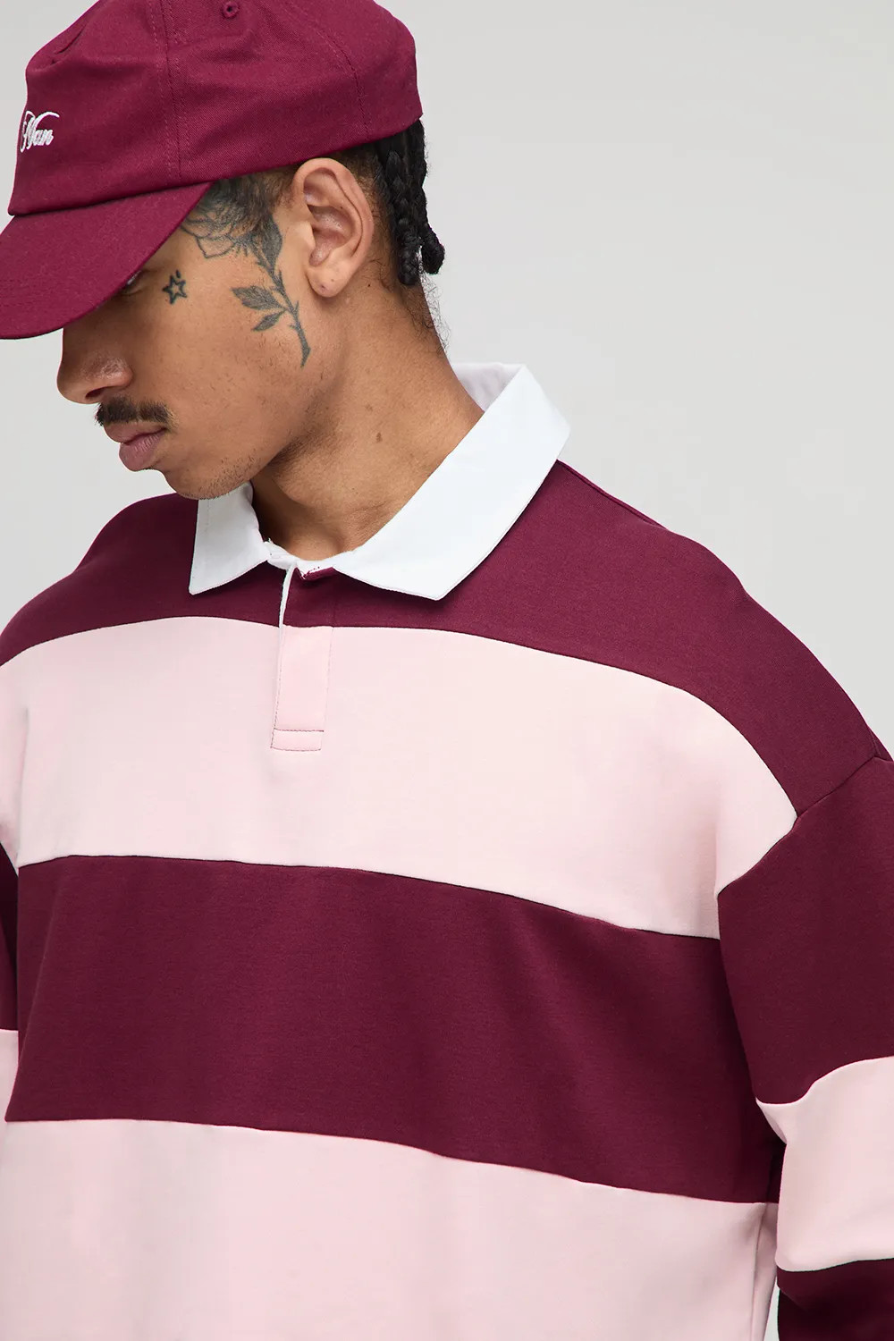 Oversized Shrunken Stripe Interlock Long Sleeve Rugby Polo | Boohoo.com (UK & IE)