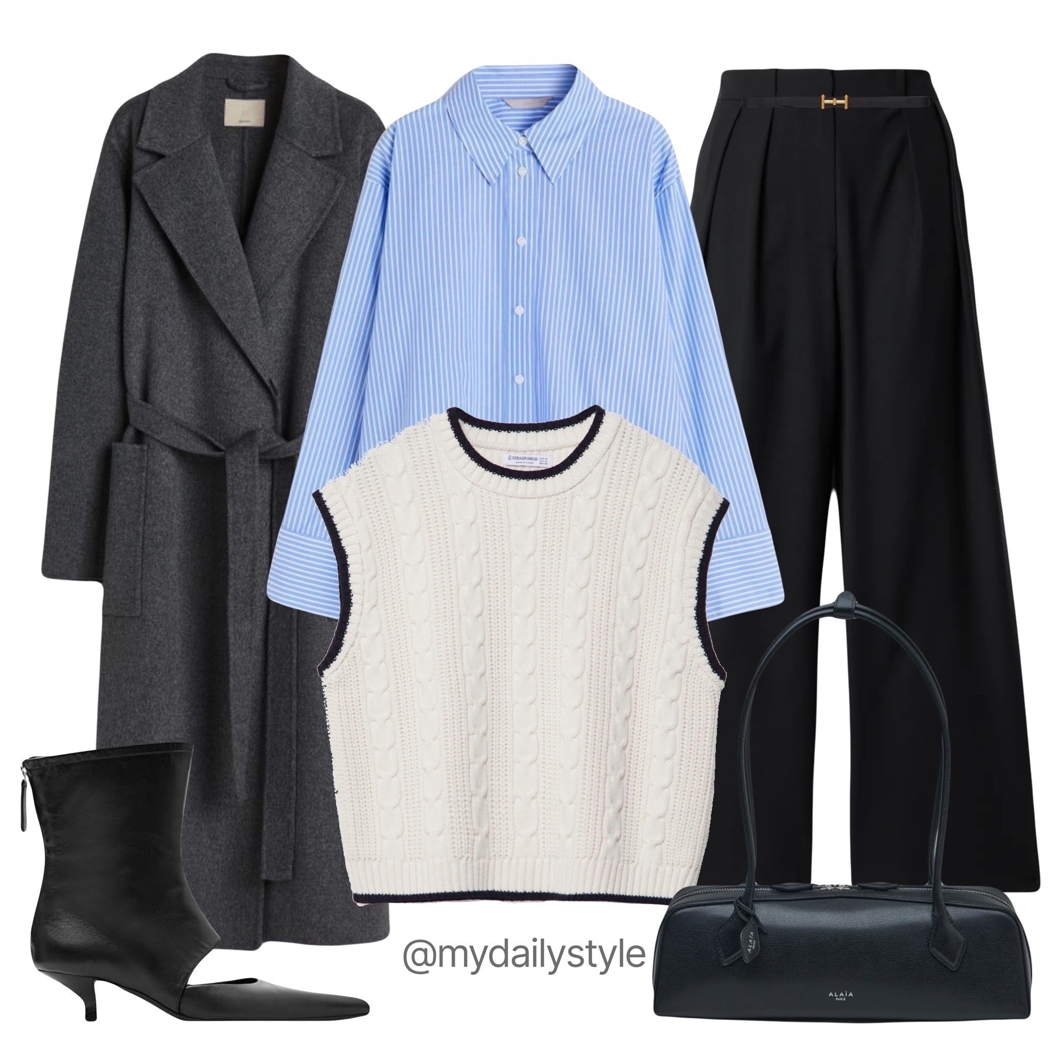 Chick & basic spring outfit 🖤 All the pieces are staples for the capsule wardrobe. Wool coat, wide-leg wool-blend pants, oversized cotton shirt, cable-knit vest, kitten-heel sock boot, Alaia Le Teckel bag.


#LTKMostLoved 

#LTKitbag #LTKstyletip