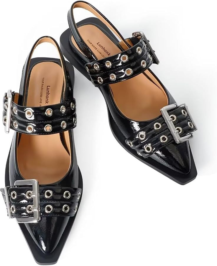 Slingback Flats for Women, Buckle Ballet Flats with Close Toe Pointed Toe Block Heel Dress Flat S... | Amazon (US)