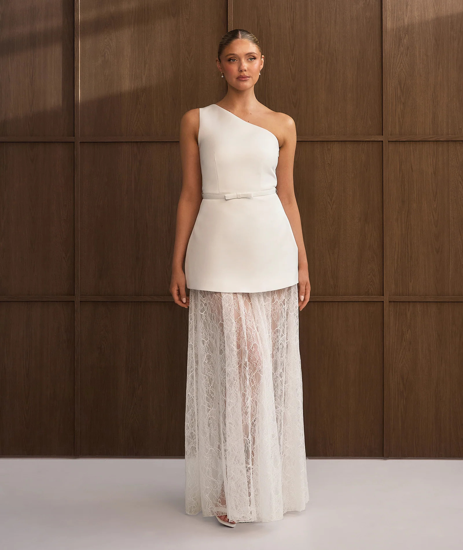 One Shoulder Satin Dress with Lace Skirt - White | Six Stories